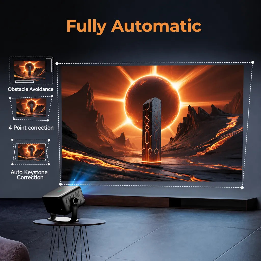 WZATCO Yuva Vibe projector with Auto Focus, Auto Keystone Correction and intelligent obstacle avoidance for easy setup.