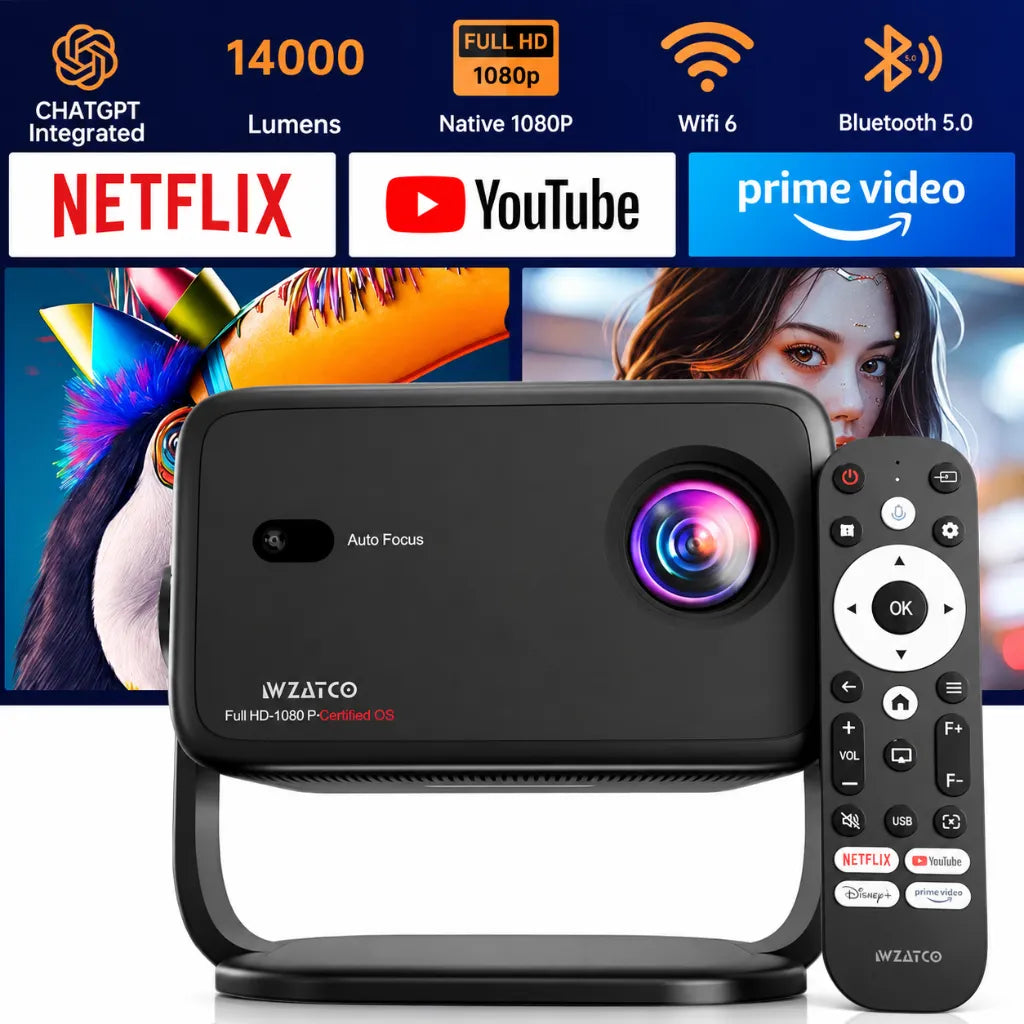 WZATCO Yuva Vibe Smart Projector with Netflix Certified OS, Native 1080P, WiFi 6, Bluetooth 5.0 and ChatGPT integration.