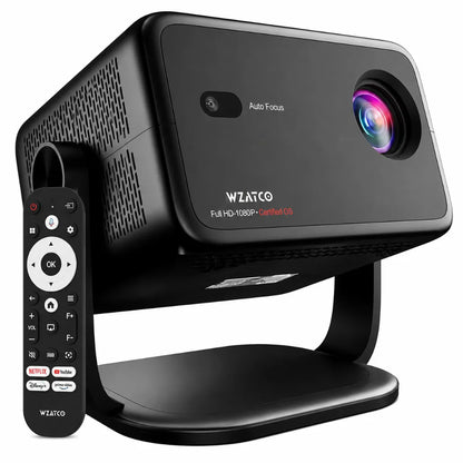 WZATCO Yuva Vibe Native 1080P Smart Projector featuring Auto Focus, Android 13, Netflix Certified OS and remote control.