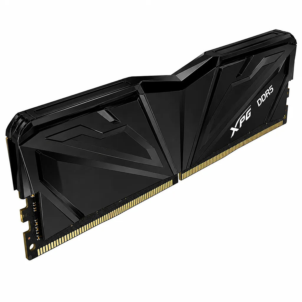 Top left perspective of XPG ARMAX 16GB DDR5 RAM 5600MHz CL46 desktop memory showcasing its geometric heatsink design.