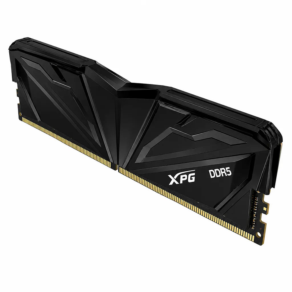 Top right perspective of XPG ARMAX 16GB DDR5 RAM 5600MHz CL46 desktop memory with premium black heat spreader.