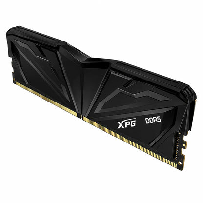 Top right perspective of XPG ARMAX 16GB DDR5 RAM 5600MHz CL46 desktop memory with premium black heat spreader.