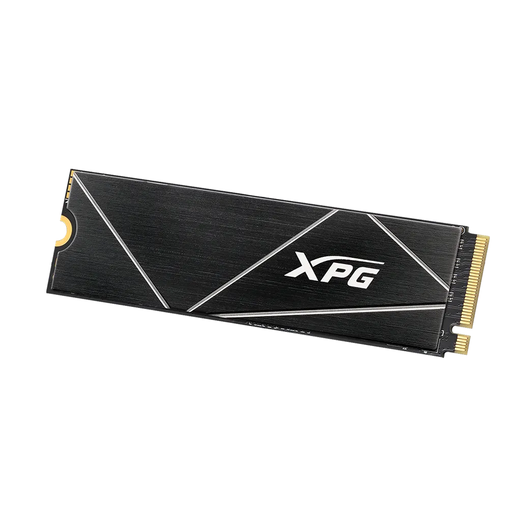 XPG GAMMIX S70 Blade 8TB PCIe Gen4 NVMe M.2 2280 SSD shown from the front left angle with integrated black heatsink.