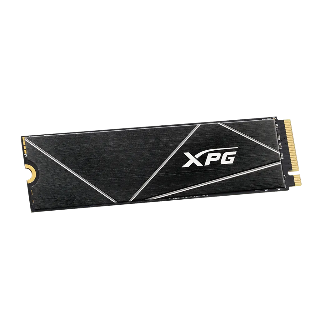 Front right angle view of XPG GAMMIX S70 Blade 8TB PCIe Gen4 NVMe M.2 2280 SSD featuring a premium black heatsink.