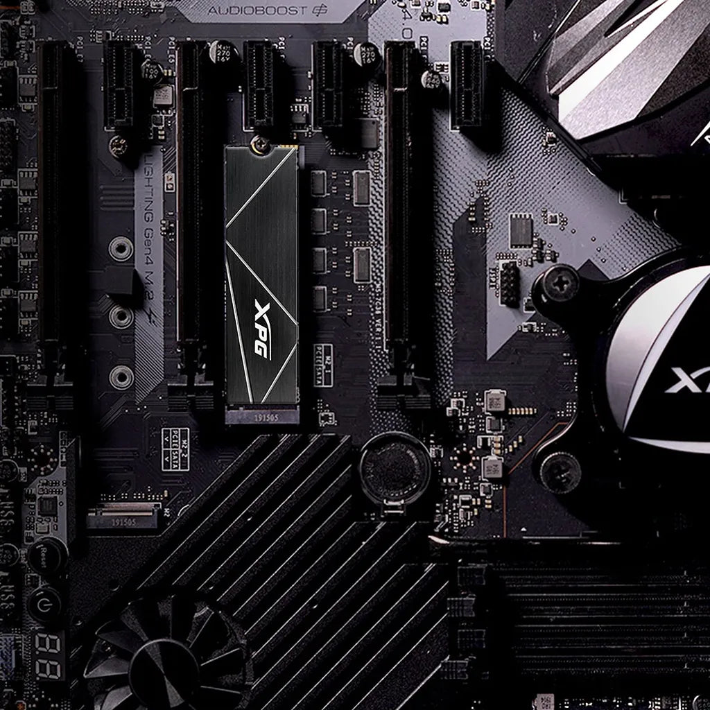 XPG GAMMIX S70 Blade 8TB PCIe Gen4 NVMe M.2 2280 SSD installed on a desktop motherboard M.2 slot.