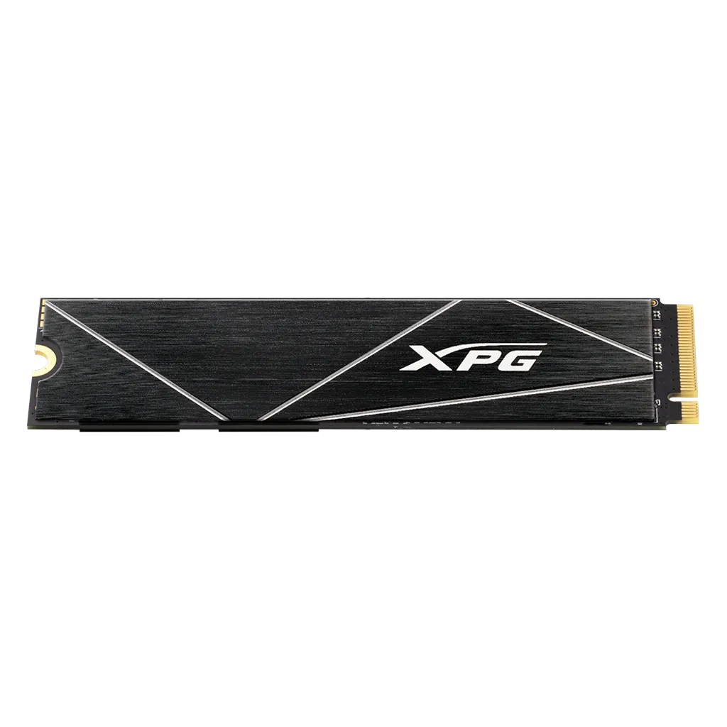 Top view of XPG GAMMIX S70 Blade 8TB PCIe Gen4 NVMe M.2 2280 SSD with brushed black heatsink and XPG branding.