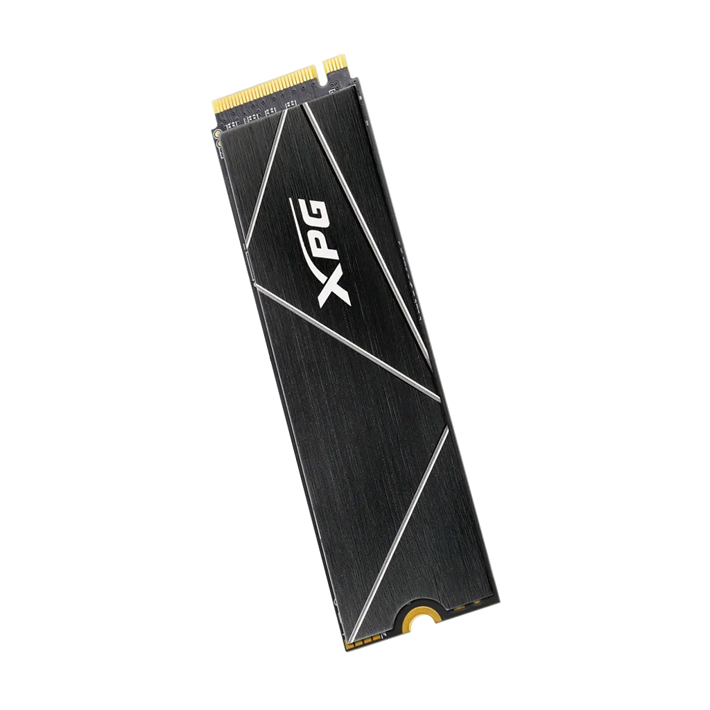 Vertical view of XPG GAMMIX S70 Blade 8TB PCIe Gen4 NVMe M.2 2280 SSD with slim aluminum heatsink and PCIe connector.
