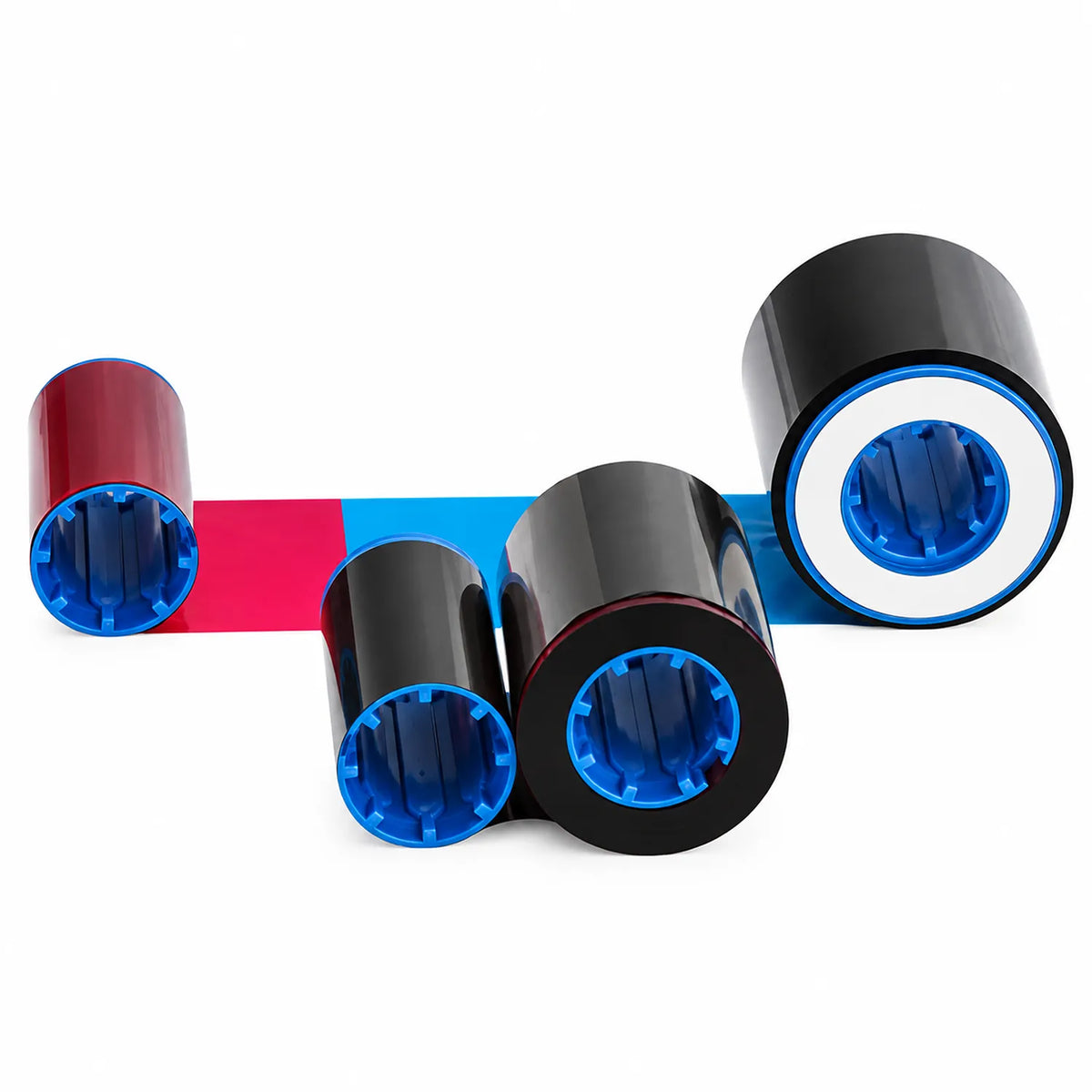 Zebra 800015-440IN card printer ribbon roll close-up with blue core and metallic surface-tpstech.in