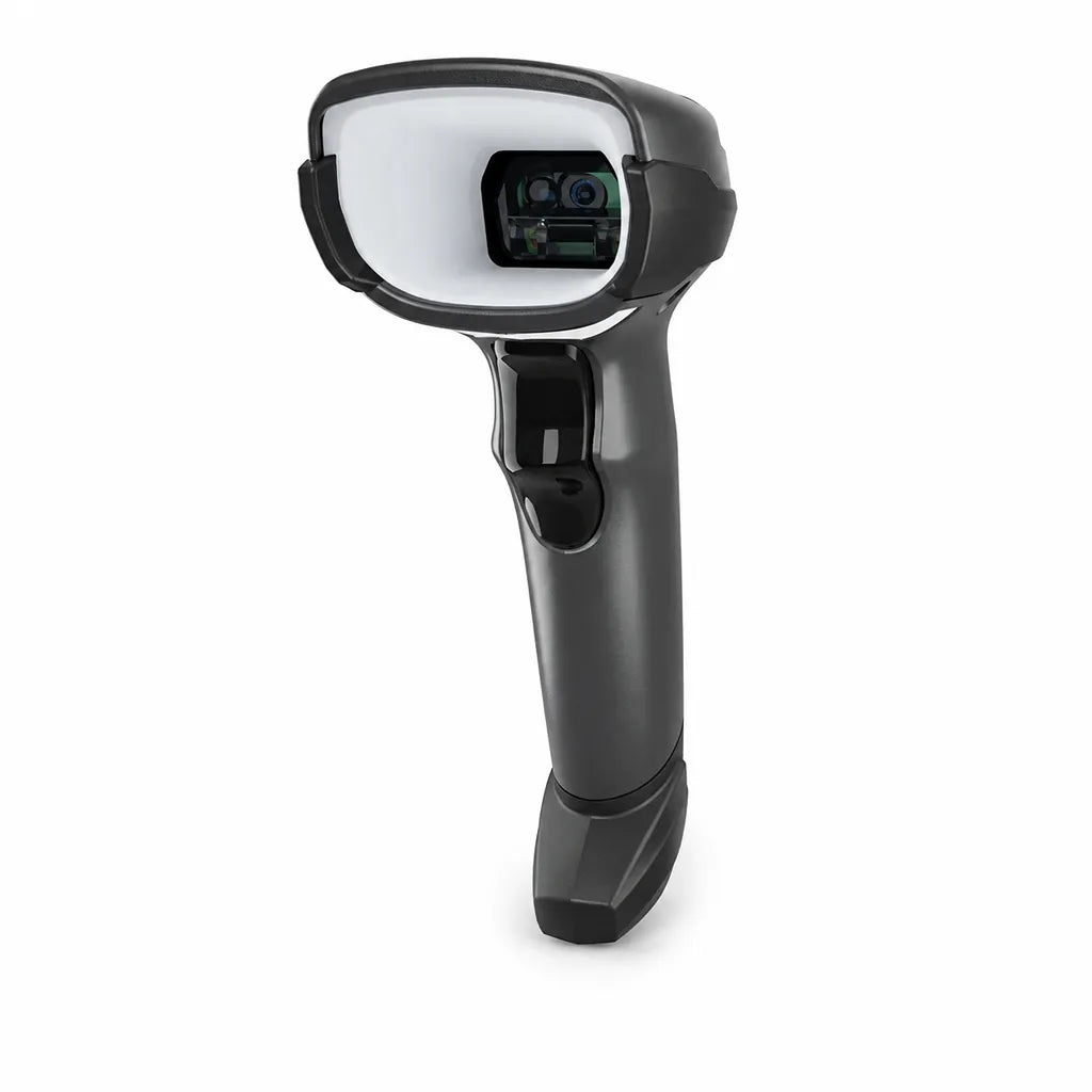 Zebra DS4608-XD High-Density 2D Barcode Scanner Corded in Black shown from the front left angle on a white background.