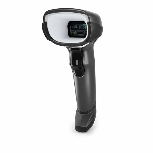 Zebra DS4608-XD High-Density 2D Barcode Scanner Corded in Black shown from the front left angle on a white background.