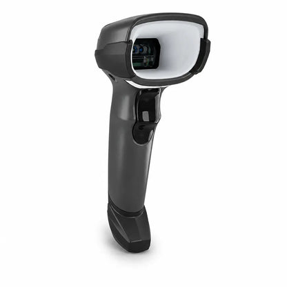 Front right angle view of Zebra DS4608-XD High-Density 2D Barcode Scanner Corded in Black with precision scan engine on a white background.