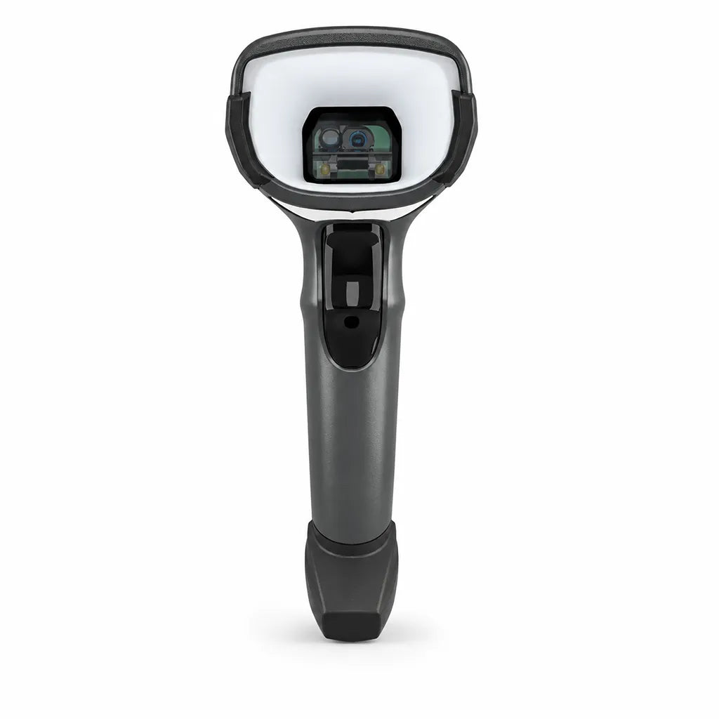 Front view of Zebra DS4608-XD High-Density 2D Corded Barcode Scanner in Black with high-performance scanning window on a white background.
