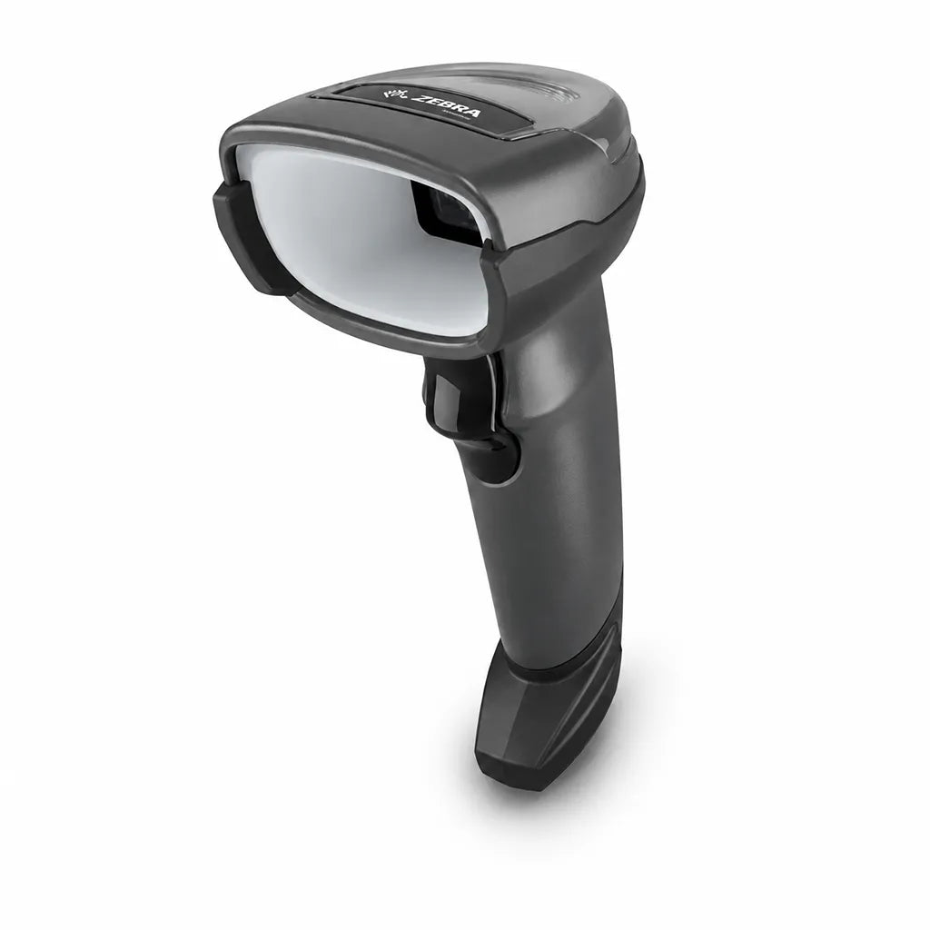 Top left angle view of Zebra DS4608-XD High-Density 2D Barcode Scanner Corded Black highlighting the scanning head and ergonomic grip.
