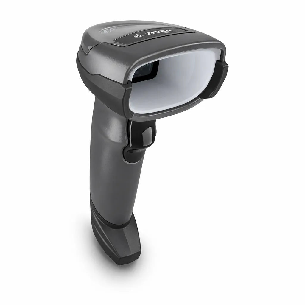 Top right angle view of Zebra DS4608-XD High-Density 2D Corded Barcode Scanner in Black on a clean white background.