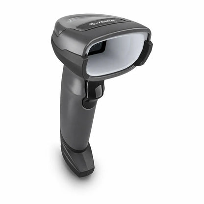 Top right angle view of Zebra DS4608-XD High-Density 2D Corded Barcode Scanner in Black on a clean white background.