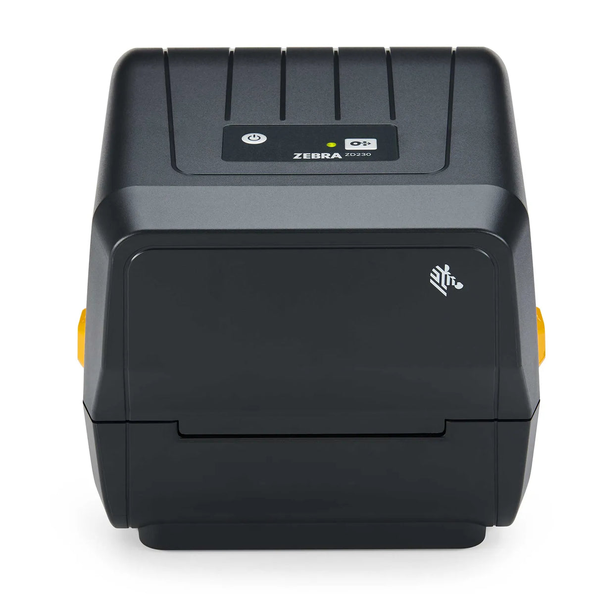 Front view of Zebra ZD230 Monochrome Thermal Transfer Desktop Barcode Printer with USB Connectivity in black finish -tpstech.in