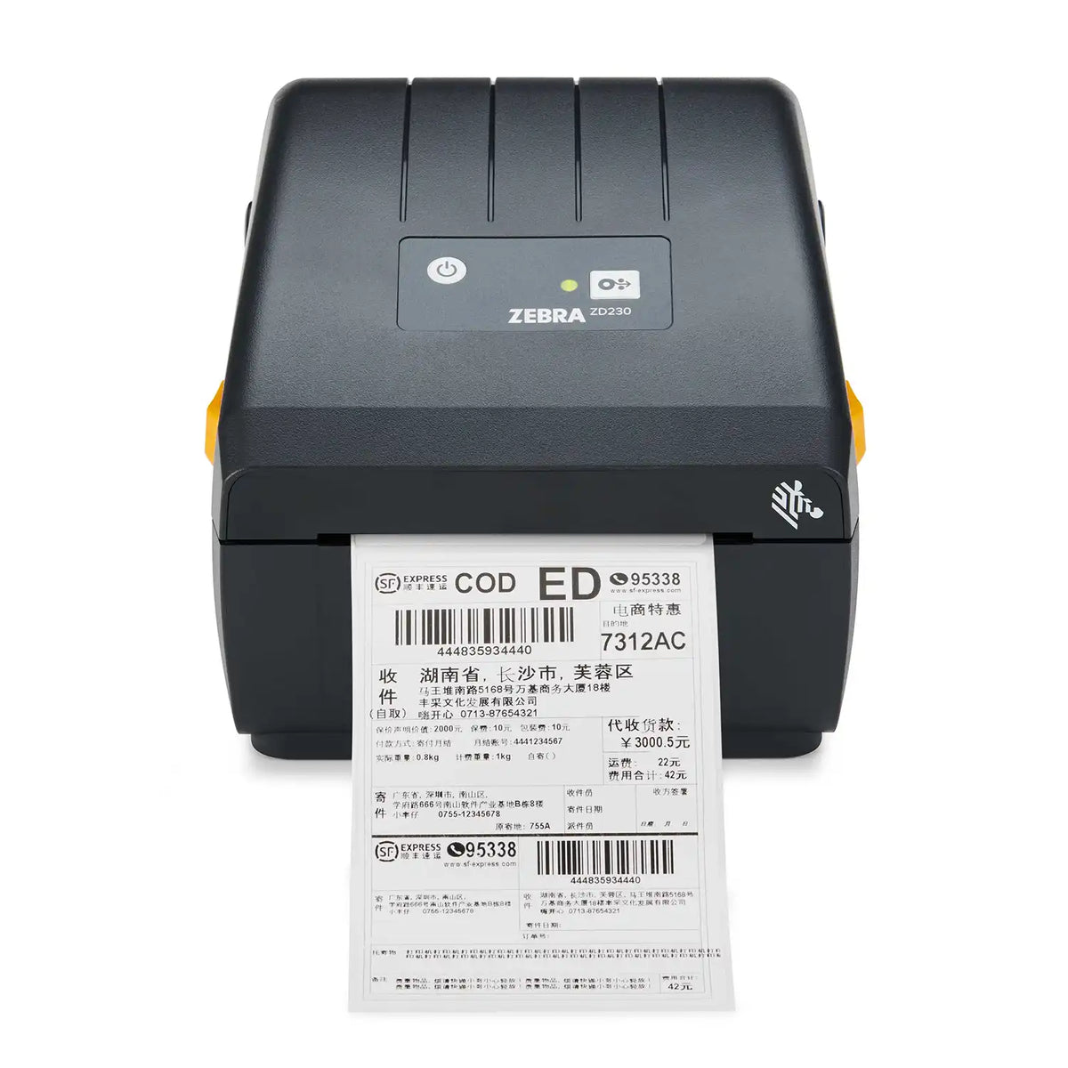 Zebra ZD230 Monochrome Thermal Transfer Desktop Barcode Printer dispensing a printed shipping barcode label -tpstech.in