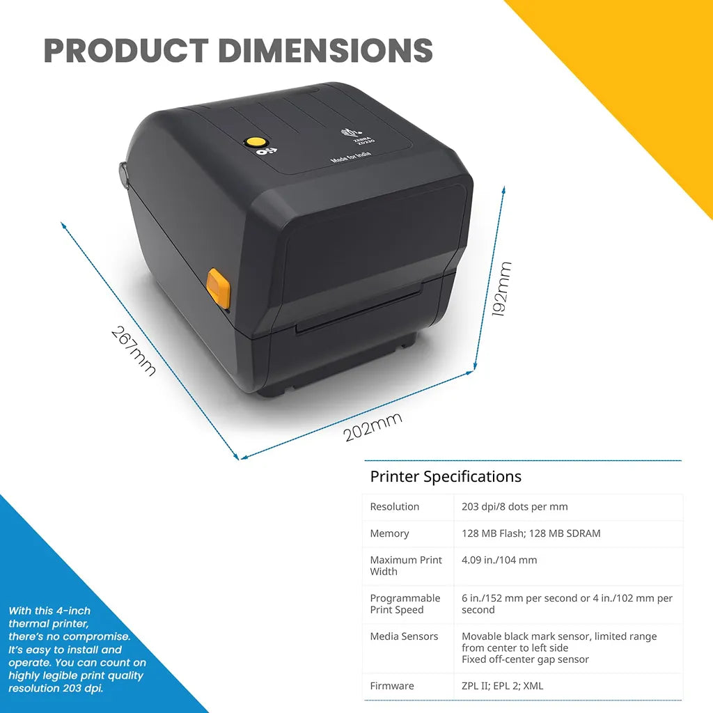 Zebra ZD230TA 4-inch Thermal Desktop Printer showing product dimensions, printer specifications, USB connectivity, print speed, and 203 DPI resolution -tpstech.in
