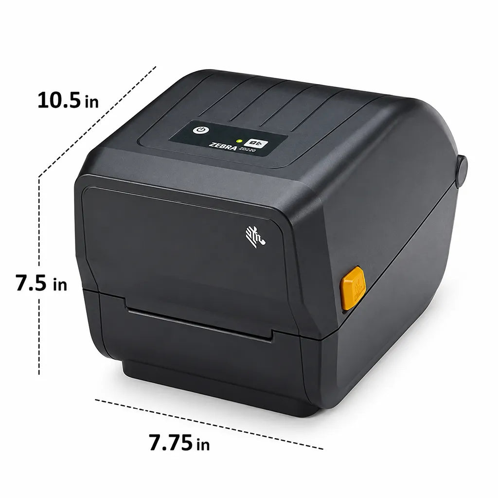 Zebra ZD230TA 4-inch Thermal Desktop Printer dimensions showing 10.5 inch depth, 7.75 inch width, and 7.5 inch height -tpstech.in