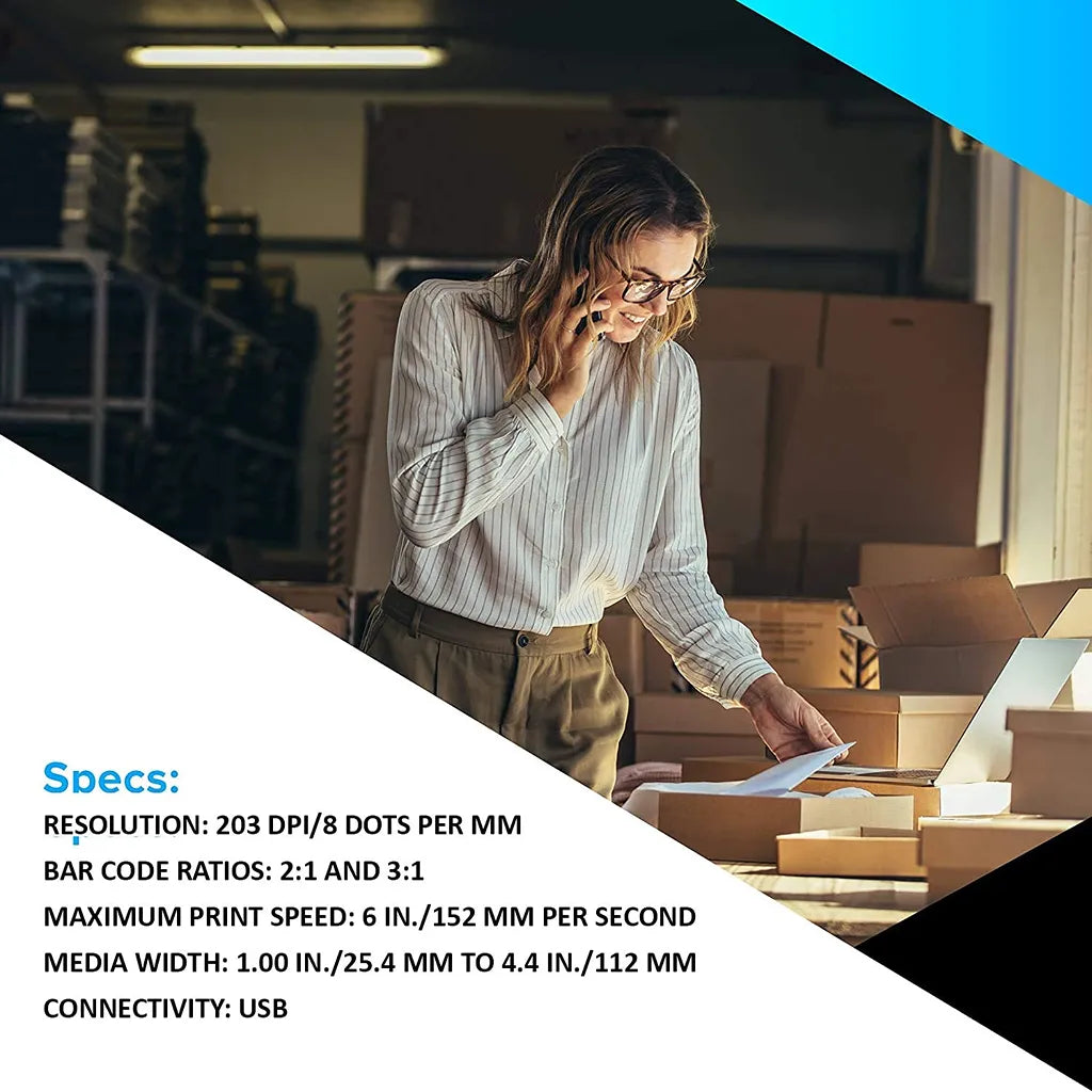 Zebra ZD230TA 4-inch Thermal Desktop Printer specifications featuring 203 DPI resolution, USB connectivity, 6 IPS print speed, and 4-inch media support -tpstech.in