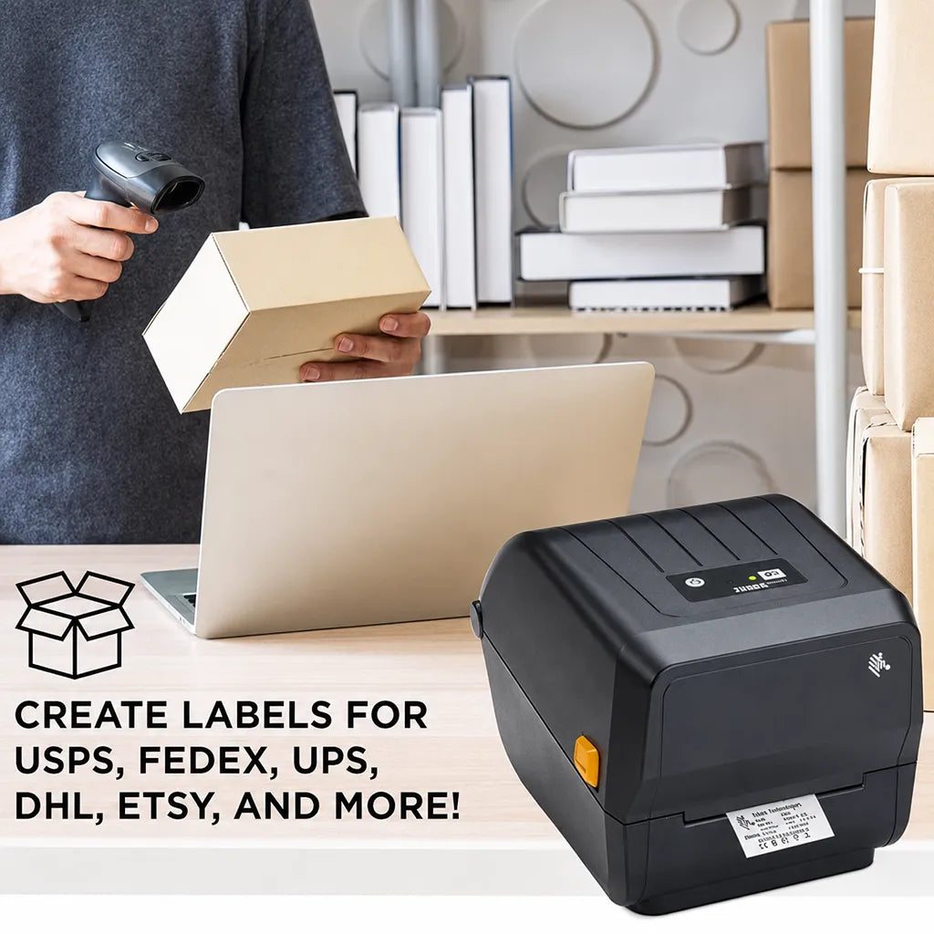 Zebra ZD230TA 4-inch Thermal Desktop Printer printing shipping labels for USPS, FedEx, UPS, DHL, Etsy, and eCommerce businesses -tpstech.in