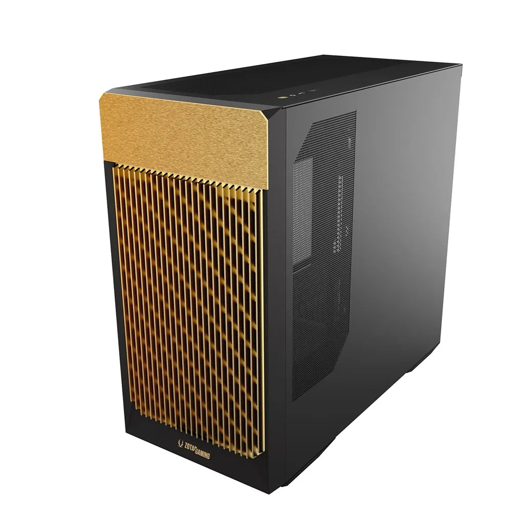 Front right angle view of ZOTAC GAMING ALLOY mATX Computer Case Black highlighting airflow front panel and clean minimalist design.