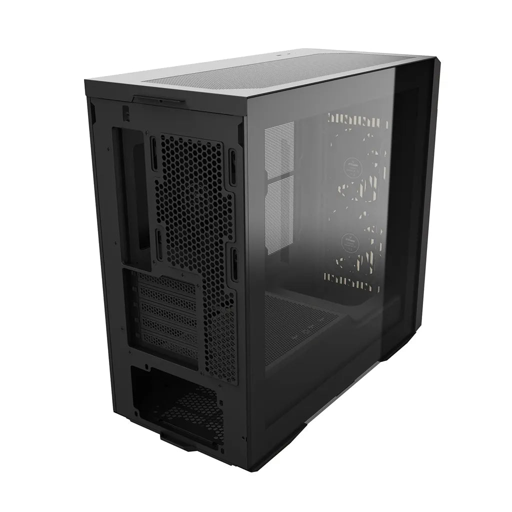 Rear left perspective of ZOTAC GAMING ALLOY mATX Computer Case Black with tempered glass side panel and ventilation layout.