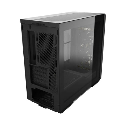 Rear left perspective of ZOTAC GAMING ALLOY mATX Computer Case Black with tempered glass side panel and ventilation layout.