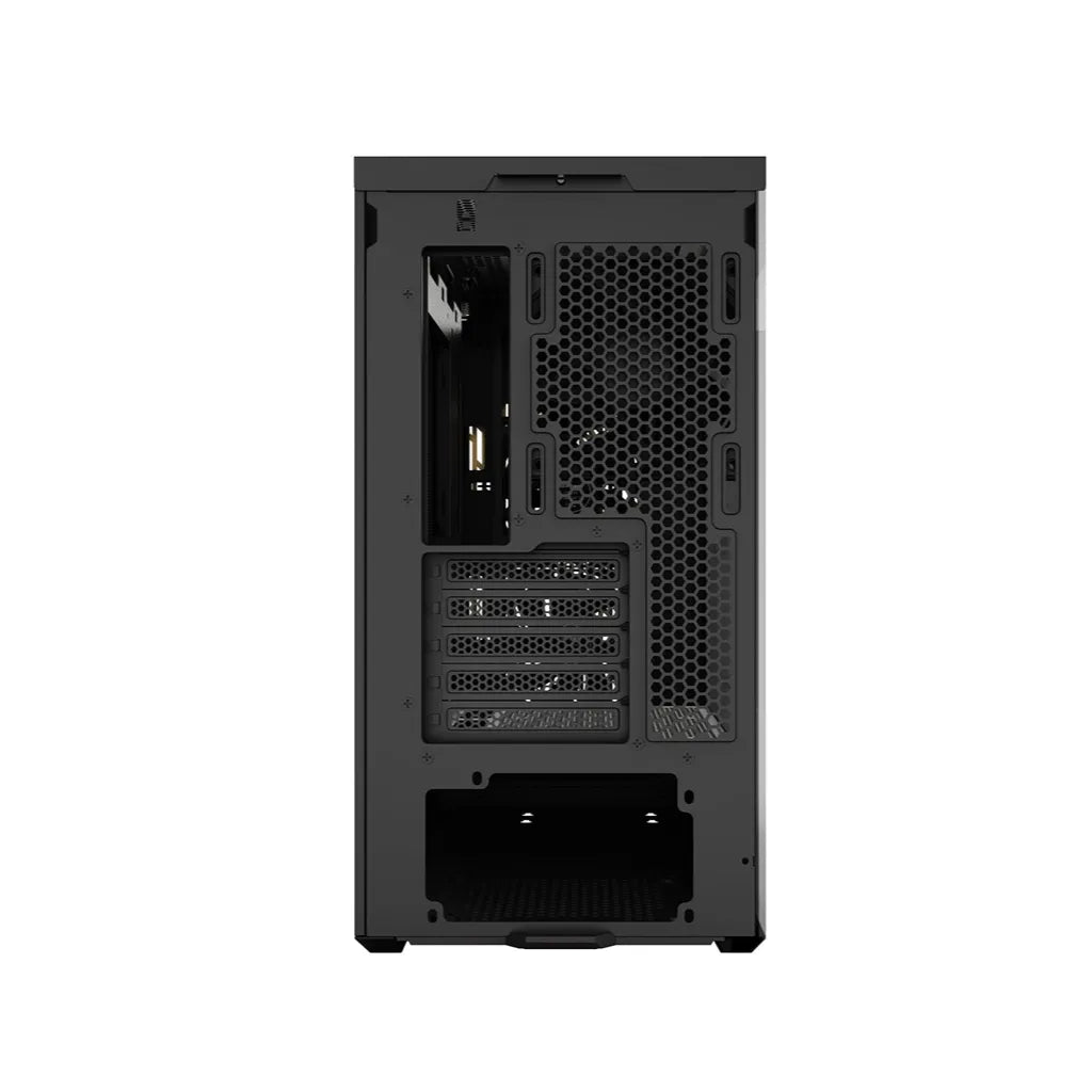 Rear view of ZOTAC GAMING ALLOY mATX Computer Case Black with PCIe expansion slots, rear fan mount, and ATX power supply support.