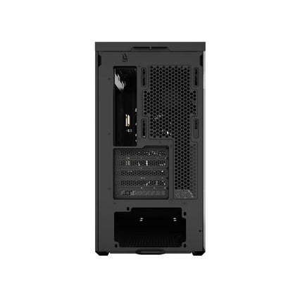 Rear view of ZOTAC GAMING ALLOY mATX Computer Case Black with PCIe expansion slots, rear fan mount, and ATX power supply support.
