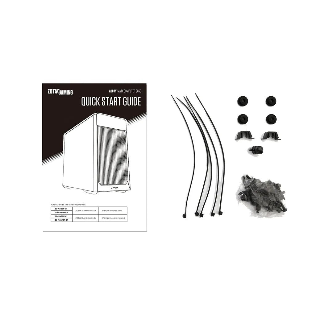 ZOTAC GAMING ALLOY mATX Computer Case White package contents including quick start guide, mounting screws, cable ties, and accessories.