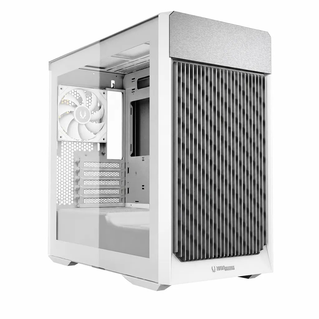 ZOTAC GAMING ALLOY mATX Computer Case White with tempered glass side panel and high-airflow front design, front left angled view.