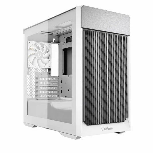 ZOTAC GAMING ALLOY mATX Computer Case White with tempered glass side panel and high-airflow front design, front left angled view.