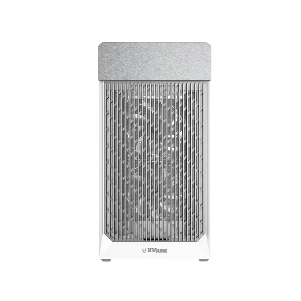 Front view of the ZOTAC GAMING ALLOY mATX Computer Case White featuring a high-airflow front panel for Micro-ATX and Mini-ITX PC builds.