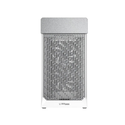 Front view of the ZOTAC GAMING ALLOY mATX Computer Case White featuring a high-airflow front panel for Micro-ATX and Mini-ITX PC builds.