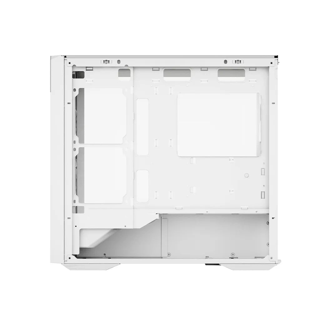 Interior layout of the ZOTAC GAMING ALLOY mATX Computer Case White showing motherboard tray, cable management space, and PSU shroud.
