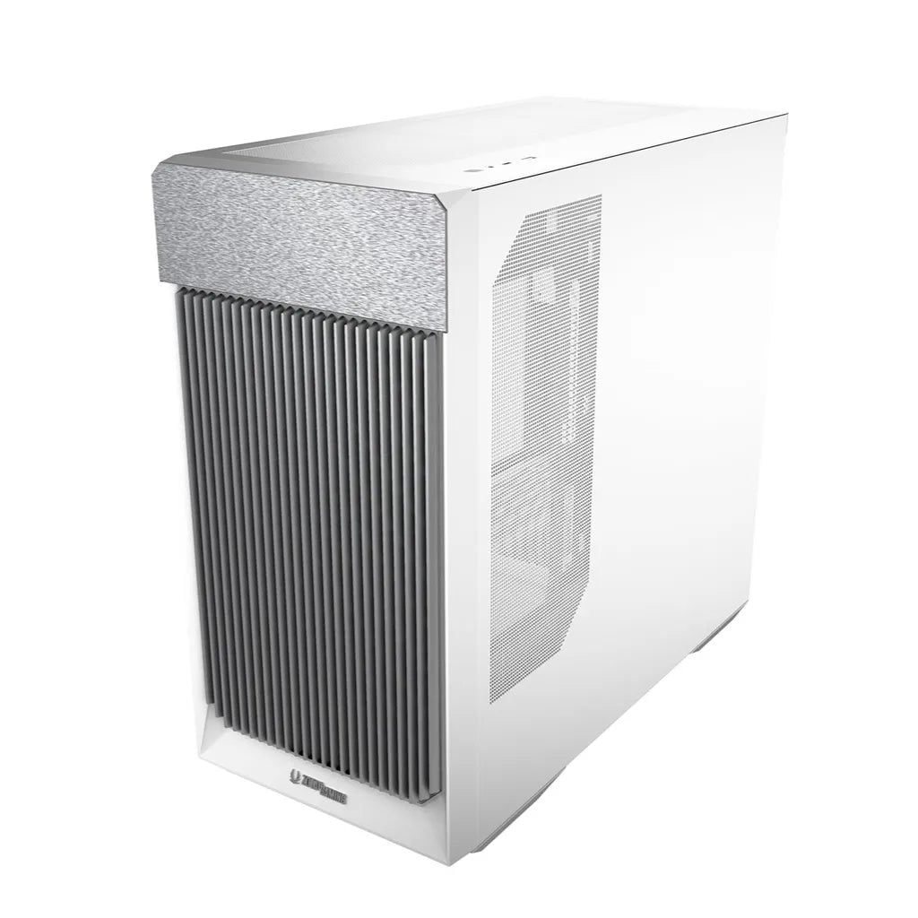 Rear right angled view of the ZOTAC GAMING ALLOY mATX Computer Case White highlighting the ventilated side panel and minimalist design.