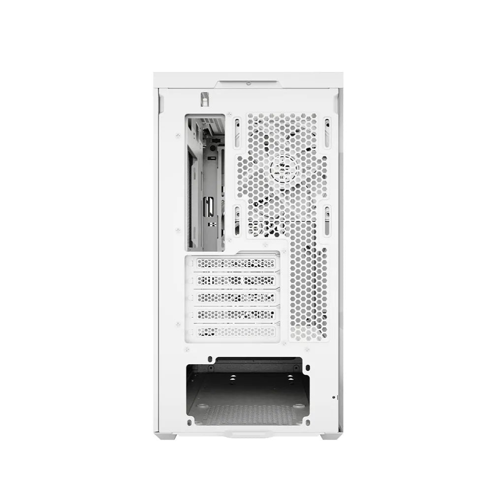 Rear view of the ZOTAC GAMING ALLOY mATX Computer Case White showing PCIe expansion slots, rear fan mount, and power supply bay.