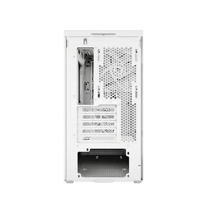 Rear view of the ZOTAC GAMING ALLOY mATX Computer Case White showing PCIe expansion slots, rear fan mount, and power supply bay.