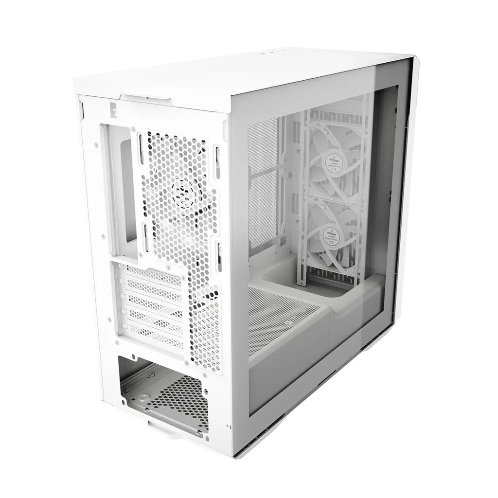 Side interior view of the ZOTAC GAMING ALLOY mATX Computer Case White with tempered glass panel, fan mounting positions, and spacious component layout.