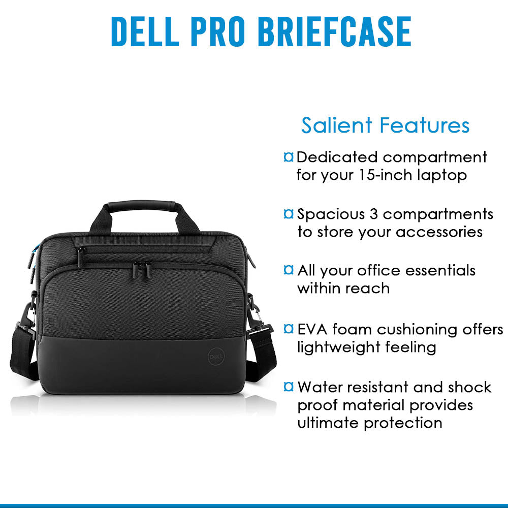 Dell Pro लैपटॉप ब्रीफ़केस 15 PO1520C वाटर रेज़िस्टेंट एक्सटीरियर और EVA फ़ोम कुशनिंग के साथ