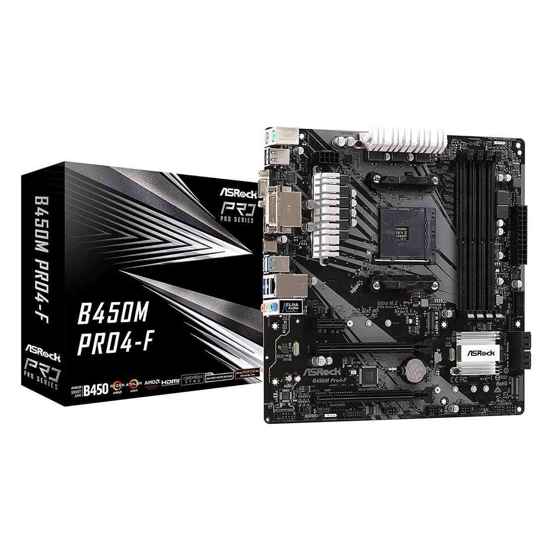 ASRock B450M Pro4-F AMD AM4 Micro-ATX Motherboard with PCIe 3.0 Ultra M.2 and Full Spike Protection
