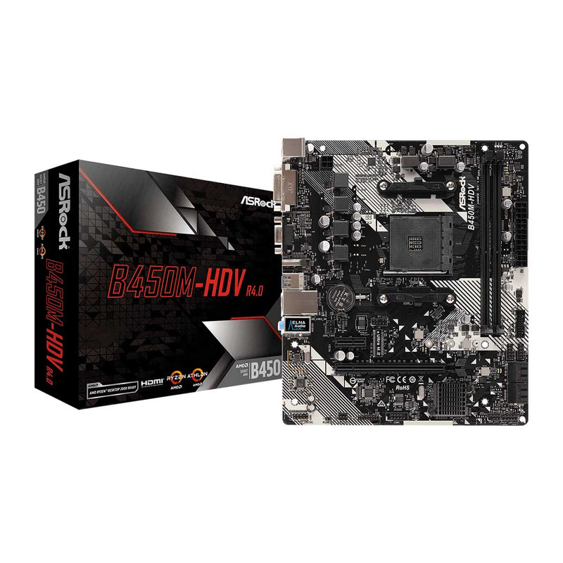 ASRock B450M-HDV R4.0 AMD AM4 M-ATX Motherboard with M.2 and Full Spike Protection