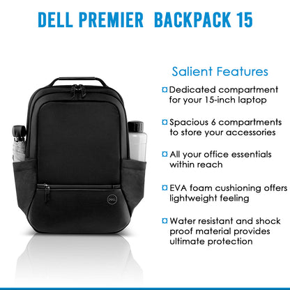 Dell Premier लैपटॉप बैकपैक 15 PE1520P वाटर रेज़िस्टेंट एक्सटीरियर और EVA फ़ोम कुशनिंग के साथ