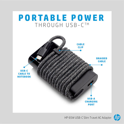 HP 65W USB-C Slim Travel Power Adapter with USB-A Port for Mobile Charging With Power Cord