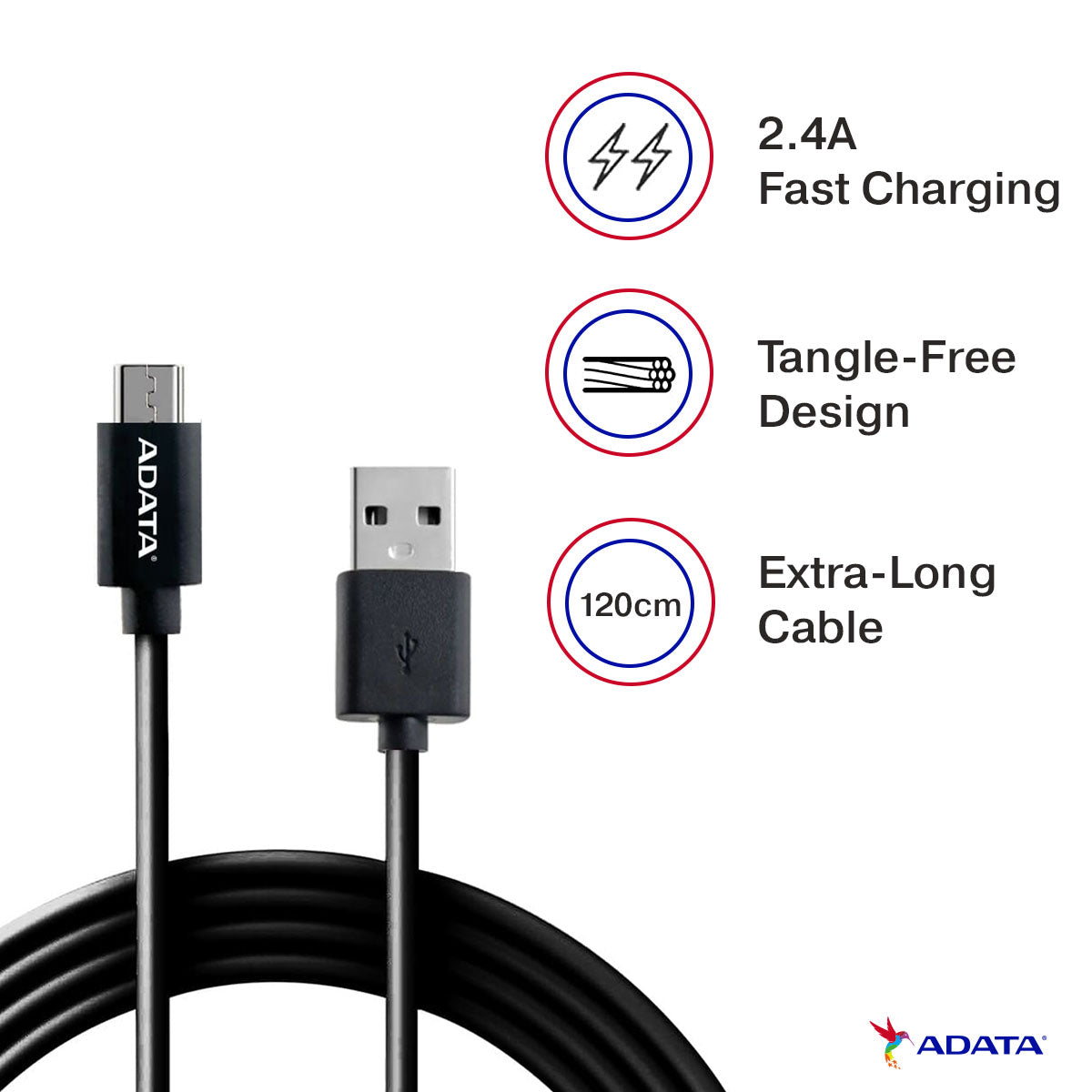 ADATA 2.4A फ़ास्ट चार्जिंग माइक्रो USB सिंक और चार्ज केबल रिवर्सिबल डिज़ाइन के साथ - काला