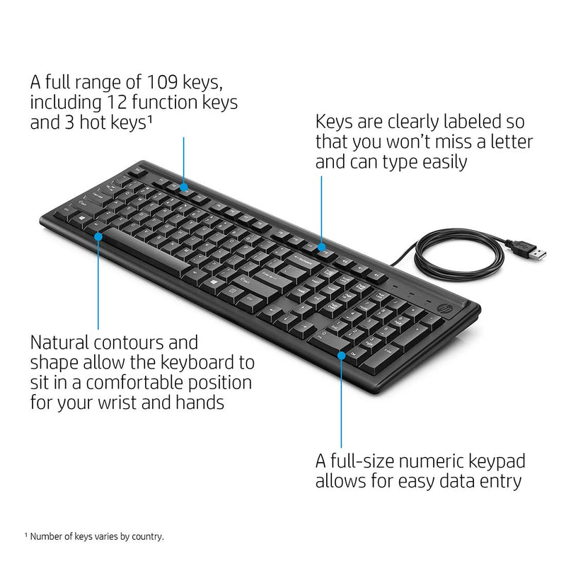 HP 100 Wired USB Desktop Keyboard with Height Adjustment