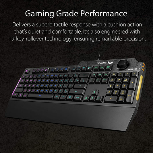 ASUS TUF K1 Gaming RGB Spill-Resistant Keyboard with Dedicated Volume Knob and Detachable Wrist Rest