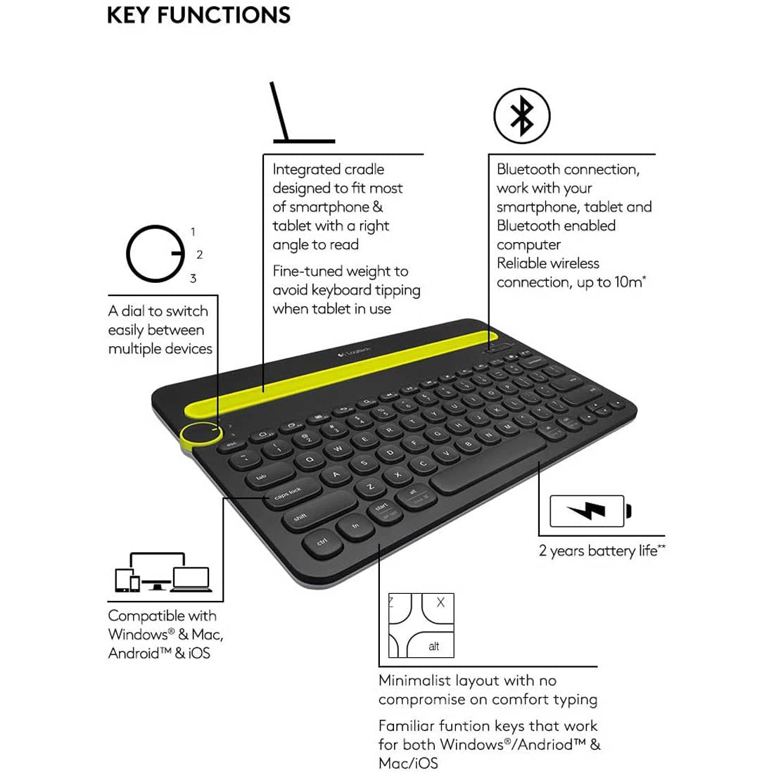 Logitech K480 वायरलेस मल्टी-डिवाइस कीबोर्ड ब्लैक ब्लूटूथ कनेक्टिविटी के साथ 10 मीटर रेंज तक