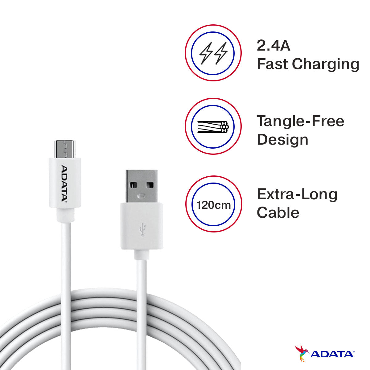 ADATA 2.4A फ़ास्ट चार्जिंग माइक्रो-USB सिंक और चार्ज केबल रिवर्सिबल डिज़ाइन के साथ - सफ़ेद